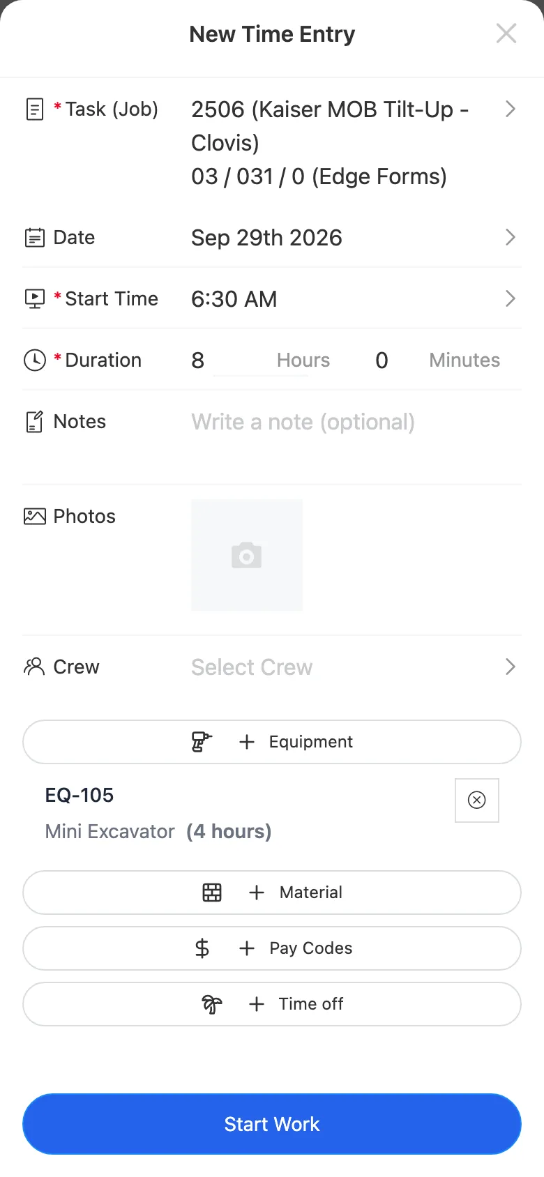 Timecard entry on job 2506 Edge Forms for 8 hours with equipment EQ-105 Mini Excavator added for 4 hours